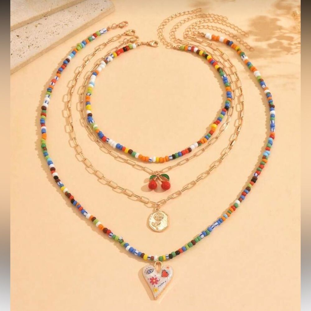 Colorful Beaded Heart Necklace Set M558 - Picture 3 of 5